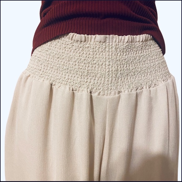 CREAM SMOCKED HIGH WAIST RUFFLED WIDE-LEG BOHO PANTS - Picture 3 of 6